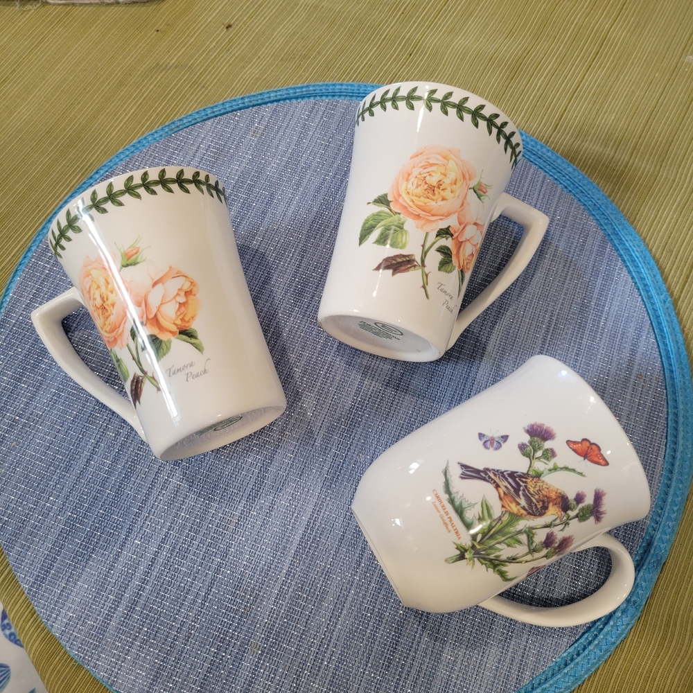 Portmeirion Floral and Bird Ceramic Mugs - White, Peach, Green, Blue